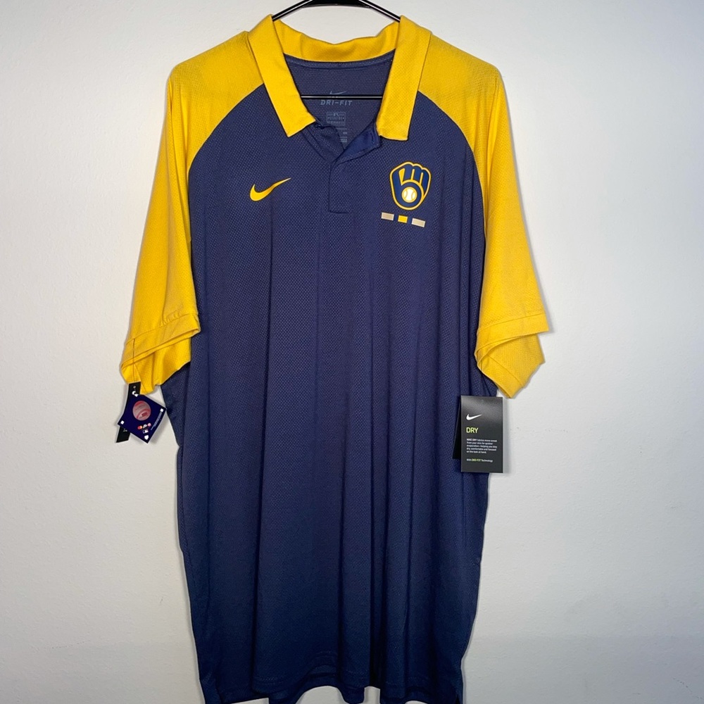 Men's Nike Milwaukee Brewers Navy Legacy Raglan Polo Size 2XL $70 N911-044N